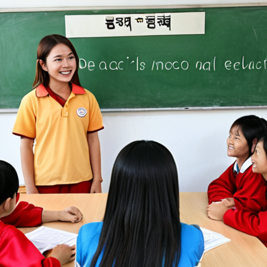 **

A brightly lit classroom scene. Students are actively engaged in a lesson about ethics, discussing honesty and empathy. The teacher is smiling and encouraging participation. In the background, a poster displays the Vietnamese phrase "Đạo đức là nền tảng" (Morality is the foundation).  The overall feel should be warm and positive, emphasizing the importance of moral education.

**