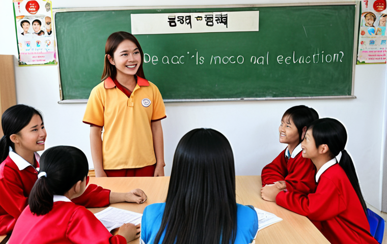 **
A brightly lit classroom scene. Students are actively engaged in a lesson about ethics, discussing honesty and empathy. The teacher is smiling and encouraging participation. In the background, a poster displays the Vietnamese phrase "Đạo đức là nền tảng" (Morality is the foundation). The overall feel should be warm and positive, emphasizing the importance of moral education.
**