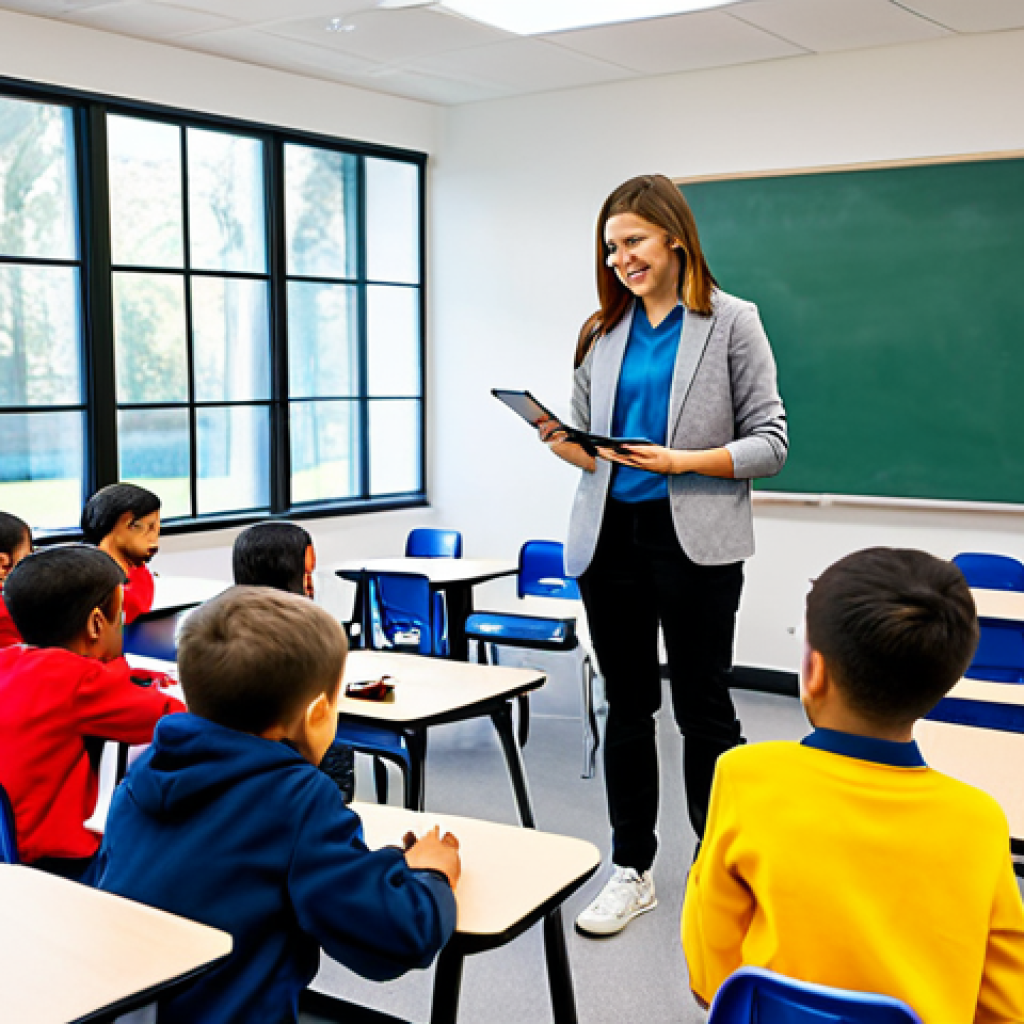 An innovative, bright classroom scene where elementary school students, fully clothed in modest, comfortable school attire, are actively engaged in collaborative project-based learning. A professionally dressed teacher acts as a facilitator, subtly guiding a group of students using a smart tablet for research. The room features flexible seating arrangements, interactive displays, and a vibrant, inspiring atmosphere. The focus is on student-centered discovery and teamwork. Professional studio photography, soft natural light, warm color palette, high resolution, safe for work, appropriate content, fully clothed, family-friendly, perfect anatomy, correct proportions, natural pose, well-formed hands, proper finger count, natural body proportions.