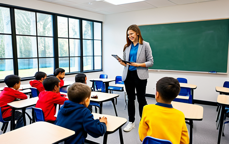 An innovative, bright classroom scene where elementary school students, fully clothed in modest, comfortable school attire, are actively engaged in collaborative project-based learning. A professionally dressed teacher acts as a facilitator, subtly guiding a group of students using a smart tablet for research. The room features flexible seating arrangements, interactive displays, and a vibrant, inspiring atmosphere. The focus is on student-centered discovery and teamwork. Professional studio photography, soft natural light, warm color palette, high resolution, safe for work, appropriate content, fully clothed, family-friendly, perfect anatomy, correct proportions, natural pose, well-formed hands, proper finger count, natural body proportions.
