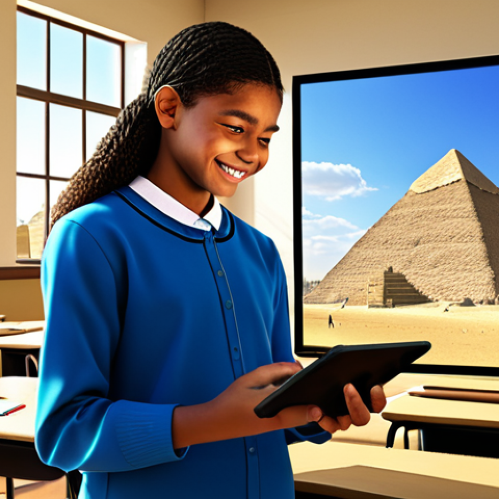 AR History Lesson**
A fully clothed, smiling middle school student wearing modest clothing, using an AR tablet to explore a virtual reconstruction of the Giza pyramids. The scene shows a modern classroom setting with other students working on tablets, sunlight streaming through the windows. Safe for work, appropriate content, professional illustration, perfect anatomy, correct proportions, natural pose, family-friendly learning environment.
**