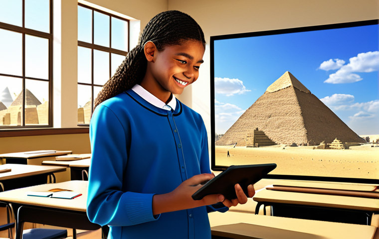 AR History Lesson**

A fully clothed, smiling middle school student wearing modest clothing, using an AR tablet to explore a virtual reconstruction of the Giza pyramids. The scene shows a modern classroom setting with other students working on tablets, sunlight streaming through the windows. Safe for work, appropriate content, professional illustration, perfect anatomy, correct proportions, natural pose, family-friendly learning environment.

**