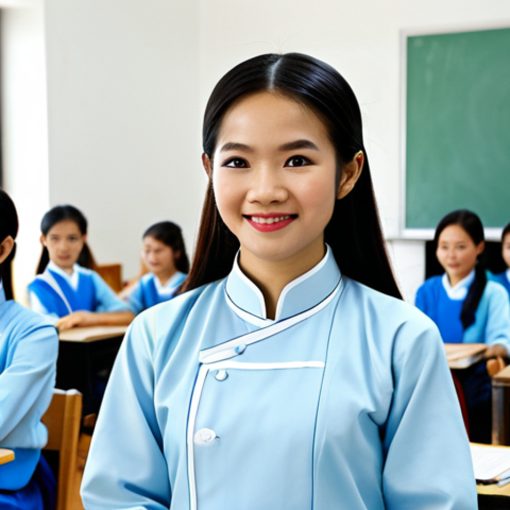 Cultivating Confidence**

"A young Vietnamese student confidently presenting a project in a modern classroom, fully clothed in traditional Ao Dai, appropriate attire, safe for work, perfect anatomy, natural proportions, encouragement from classmates, professional photography, high quality. Focus on positive body language and friendly environment. Modest and family-friendly."

**