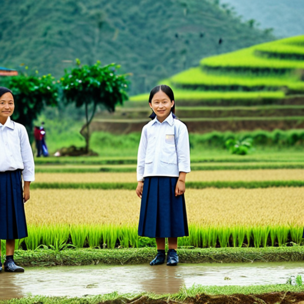 Rural School Focus**
"A rural elementary school in the Vietnamese countryside, children in áo dài uniforms learning outdoors, fully clothed, appropriate attire, safe for work, perfect anatomy, natural proportions, family-friendly photography, high quality, rice paddies in the background, teachers assisting students, modest setting."
**