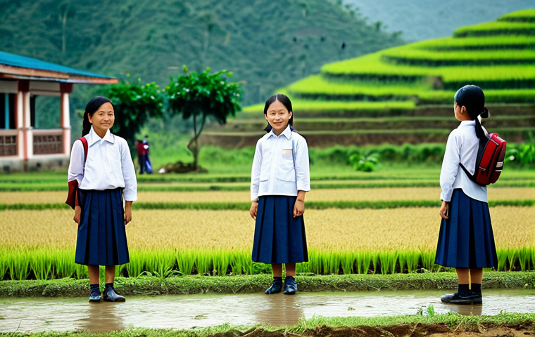 Rural School Focus**

"A rural elementary school in the Vietnamese countryside, children in &aacute;o d&agrave;i uniforms learning outdoors, fully clothed, appropriate attire, safe for work, perfect anatomy, natural proportions, family-friendly photography, high quality, rice paddies in the background, teachers assisting students, modest setting."

**