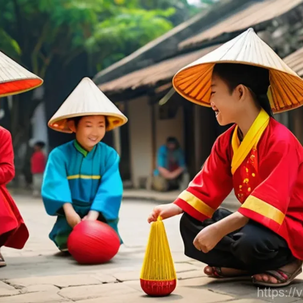 사회과 교수 전략 - **Prompt:** A vibrant and lively scene of Vietnamese children, aged 10-14, re-enacting an "old Tet m...