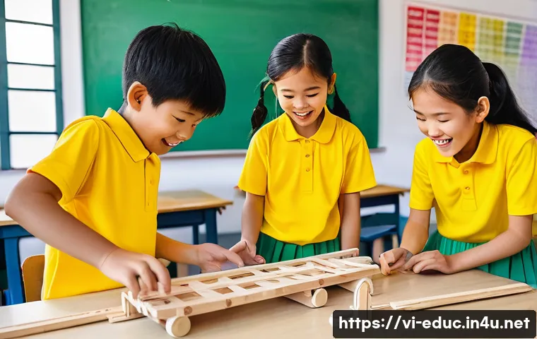 STEAM 교육 접근법 - A vibrant classroom scene in Vietnam where a diverse group of elementary school children wearing cas...