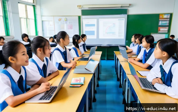 교육 사회학 - A modern Vietnamese classroom scene featuring diverse students actively engaged in group discussions...