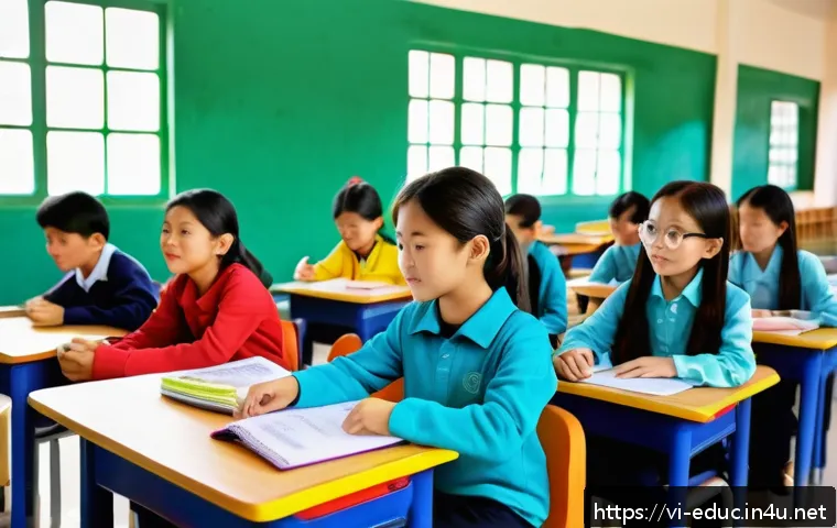 교육 철학과 역사 - A modern Vietnamese classroom scene showing a diverse group of students actively engaged in a person...