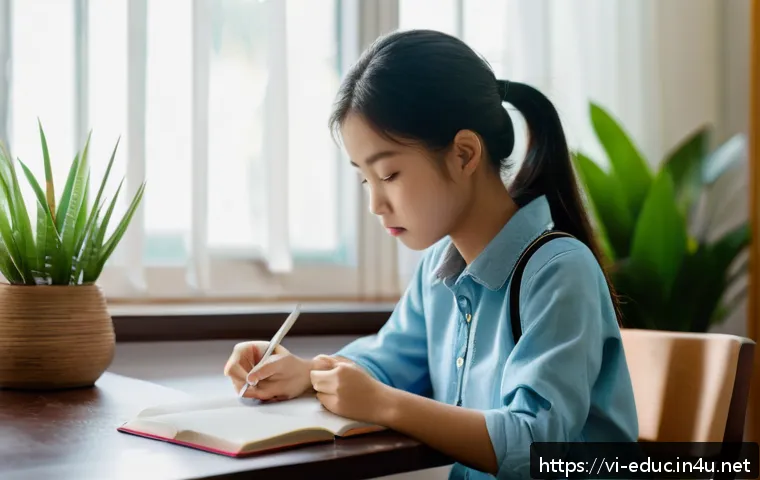 정서 지능과 학습 성과 - A young Vietnamese student sitting at a clean, well-lit study desk in a cozy room, practicing mindfu...