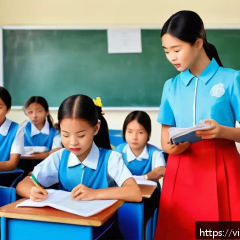 교육 행정과 법 - A modern Vietnamese primary school classroom scene showing a diverse group of young students wearing...
