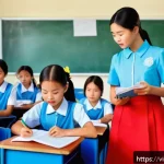 Home 22 교육 행정과 법 - A modern Vietnamese primary school classroom scene showing a diverse group of young students wearing...