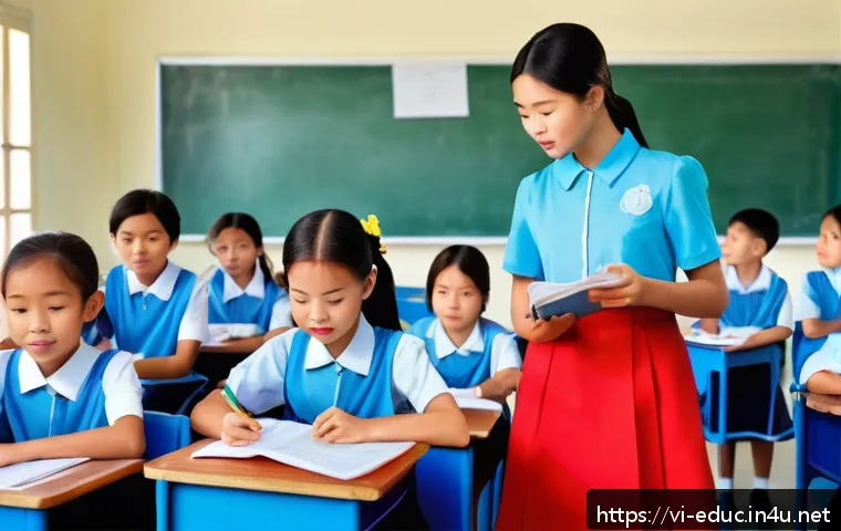 교육 행정과 법 - A modern Vietnamese primary school classroom scene showing a diverse group of young students wearing...