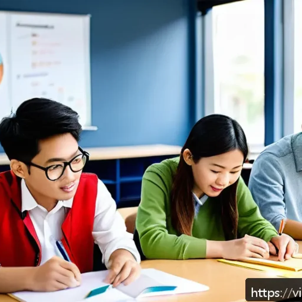 교육과 노동 시장 연결 - A modern Vietnamese university classroom setting where diverse students collaborate on a group proje...