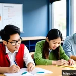 Home 21 교육과 노동 시장 연결 - A modern Vietnamese university classroom setting where diverse students collaborate on a group proje...