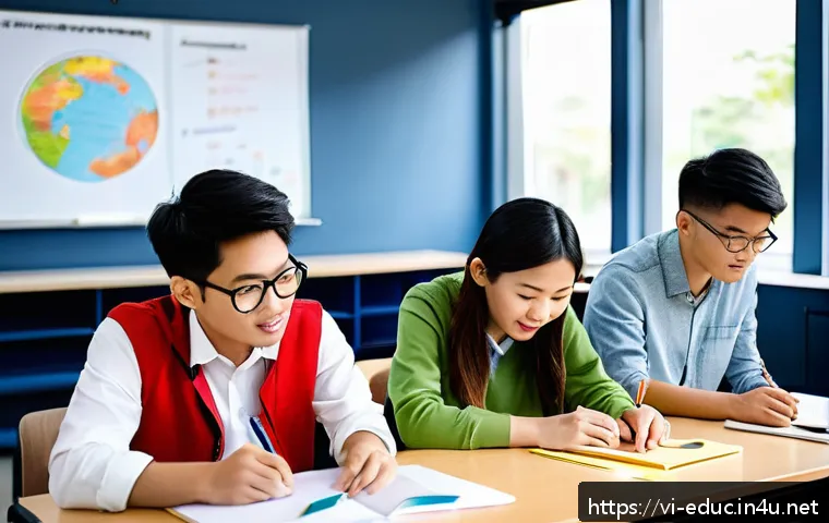 교육과 노동 시장 연결 - A modern Vietnamese university classroom setting where diverse students collaborate on a group proje...