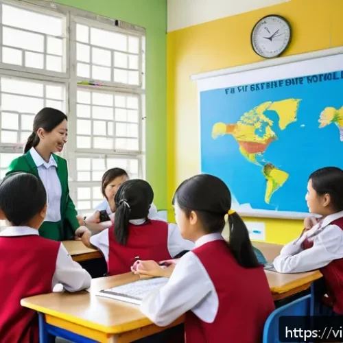 Home 32 국가별 교육 개혁 사례 - A vibrant classroom scene in a modern Vietnamese school featuring diverse students actively engaged ...