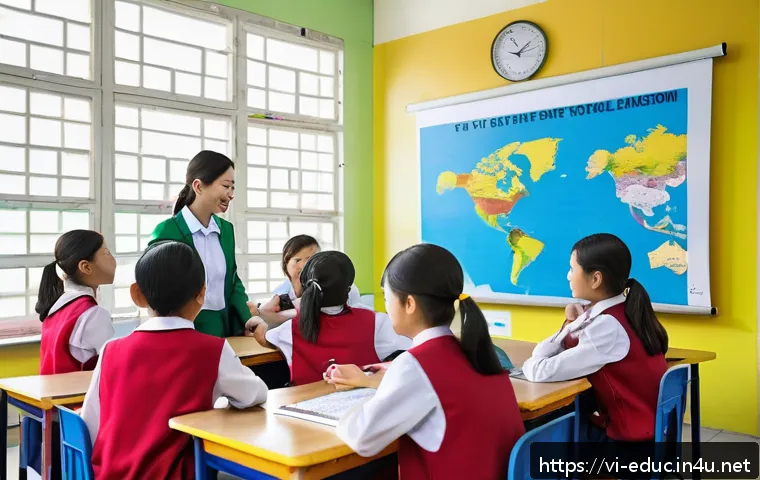 국가별 교육 개혁 사례 - A vibrant classroom scene in a modern Vietnamese school featuring diverse students actively engaged ...
