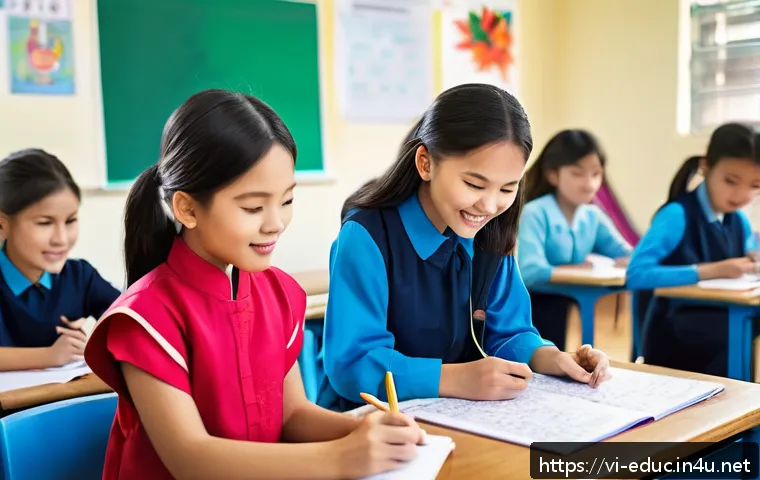 다문화 교육 방법론 - A vibrant multicultural classroom scene in a Vietnamese school, showing diverse students from variou...