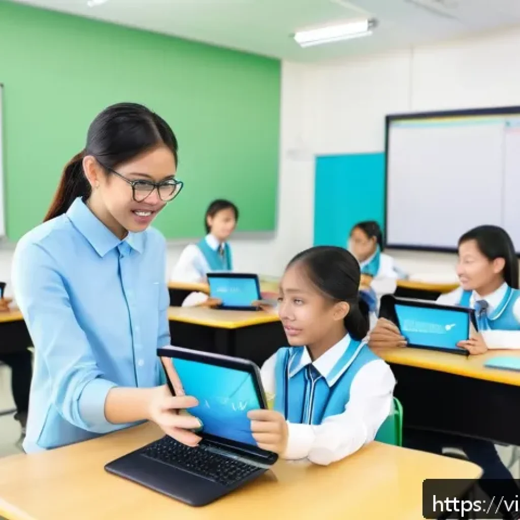 AI와 교육 혁신 - A vibrant Vietnamese classroom scene featuring middle school students using tablets and interactive ...