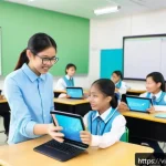 Home 18 AI와 교육 혁신 - A vibrant Vietnamese classroom scene featuring middle school students using tablets and interactive ...