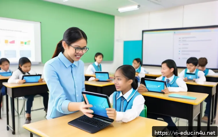 AI와 교육 혁신 - A vibrant Vietnamese classroom scene featuring middle school students using tablets and interactive ...