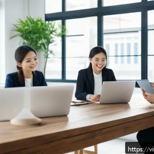 Home 17 디지털 리터러시 교육 - A modern Vietnamese office scene showing a diverse group of young professionals collaborating around...