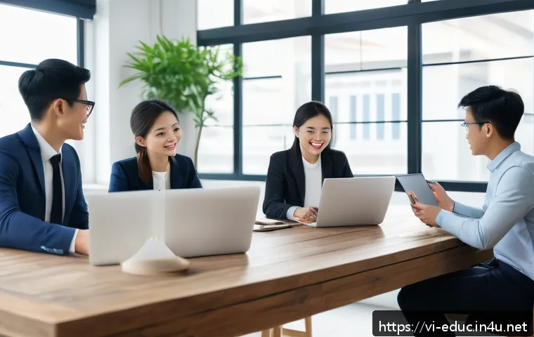 디지털 리터러시 교육 - A modern Vietnamese office scene showing a diverse group of young professionals collaborating around...