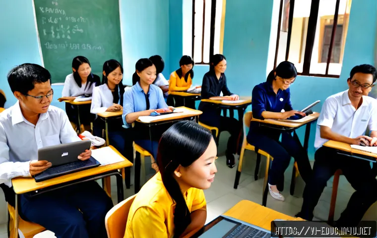 Home 13 교육공학 최신 동향 - Photorealistic modern Vietnamese university classroom in Ho Chi Minh City, diverse adult students us...
